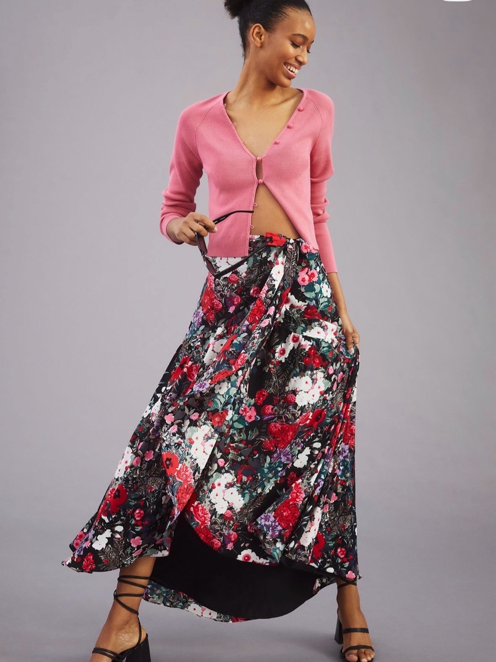 Hutch Black Floral Maxi Skirt with Red & Pink Blooms Sz S